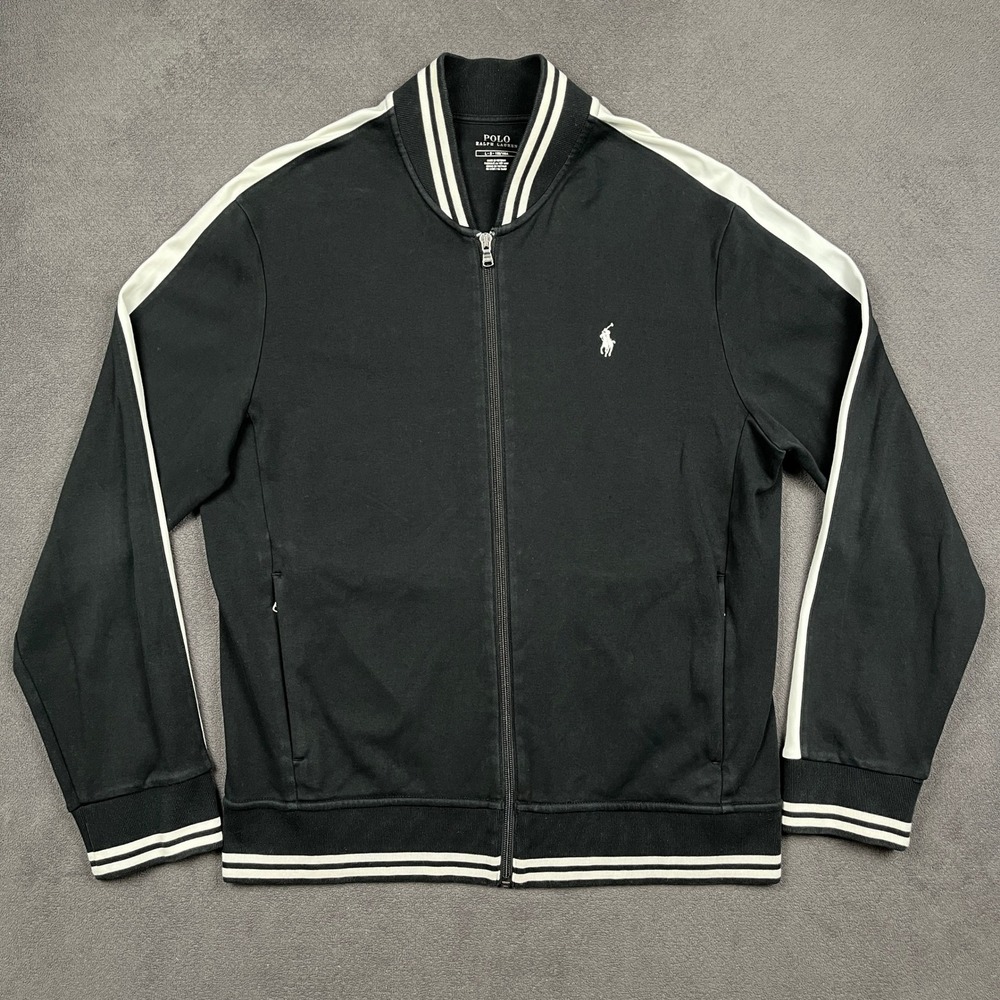 Polo Ralph Lauren Track Jacket Mens Large Black White Stripe Full Zip Pony Logo